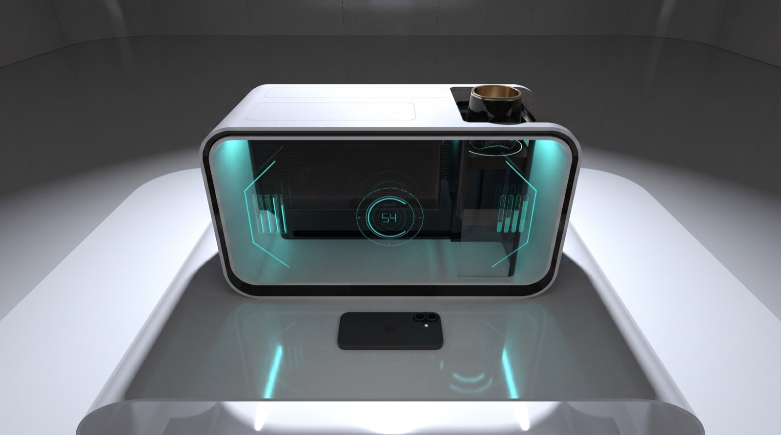 The ELISIR node on a countertop, screenless, with a phone as its interface
